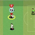 Tecknad bild av en fotbollsspelare i rött som dribblar mot målet med en försvarare och målvakt i grönt framför