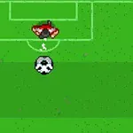 Färgglada pixlar visar en fotbollsspelare i rött framför målet, en motspelare i grönt och en fotboll mitt på en grön spelplan