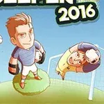 Tecknade figurer i en fotbollsmatch med målvakt och spelare på en gräsbevuxen kulle
