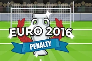 En tecknad illustration av en fotbollsplan med en trofé, texten EURO 2016 och en blå banderoll med ordet Penalty framför ett mål