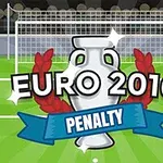 En tecknad illustration av en fotbollsplan med en trofé, texten EURO 2016 och en blå banderoll med ordet Penalty framför ett mål