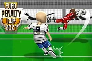 En tecknad spelkaraktär i blå-vitrandig tröja skjuter en fotboll mot mål där en målvakt i röd uniform gör en räddning