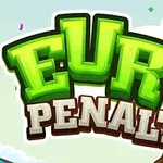 Texten Euro Penalty i grön och vit med en liten fotboll i bokstaven O mot en bakgrund med himmel och moln