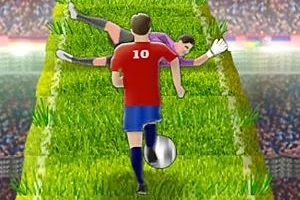 En fotbollsspelare i röd tröja med nummer 10 springer mot en målvakt på en gräsplan, med en fotboll vid fötterna