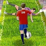 En fotbollsspelare i röd tröja med nummer 10 springer mot en målvakt på en gräsplan, med en fotboll vid fötterna