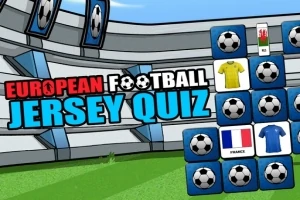 Texten European Football Jersey Quiz med en bakgrund av en fotbollsarena och brickor med fotbollssymboler