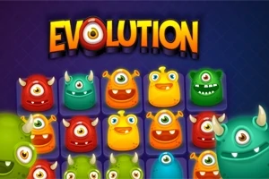 Färgglada, tecknade monster med ett öga i rutnät under texten EVOLUTION på en blå bakgrund