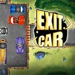 Flera färgglada bilar är parkerade i en rektangulär plats omgiven av träd och gräs, med texten EXIT CAR till höger
