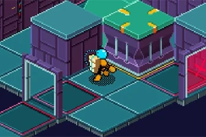 En isometrisk pixelkonstbild visar en astronaut i en futuristisk labyrint med lila väggar och gröna plattformar