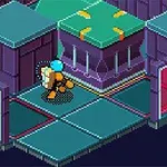 En isometrisk pixelkonstbild visar en astronaut i en futuristisk labyrint med lila väggar och gröna plattformar