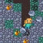En pixelart-figur med en hacka står i en grotta omgiven av stenblock och små guldföremål