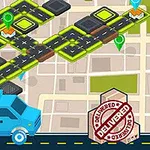 Ett blått leveransfordon kör på en väg med en stadsbakgrund och kartmarkörer, med stämpeln DELIVERED i hörnet