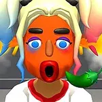 En tecknad figur med ett orange ansikte, blå och rosa ögonbryn, flämtande uttryck och en grön chilipeppar i munnen