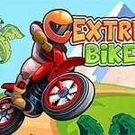 En tecknad motorcyklist i orange hjälm kör uppför en kulle med färgglad text ovanför och berg i bakgrunden