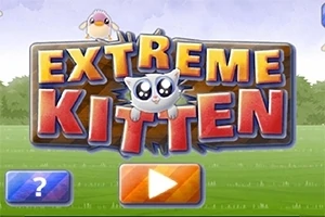 Tecknad skylt med texten Extreme Kitten i färgglada bokstäver med en söt animerad katt och fågel ovanpå, mot en bakgrund av ett grönt fält