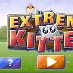 Tecknad skylt med texten Extreme Kitten i färgglada bokstäver med en söt animerad katt och fågel ovanpå, mot en bakgrund av ett grönt fält