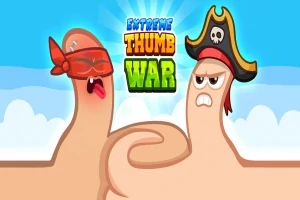 Två tummar utklädda som krigare, en med bandana och en med pirathatt, mot en blå bakgrund med texten Extreme Thumb War ovanför