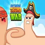Två tummar utklädda som krigare, en med bandana och en med pirathatt, mot en blå bakgrund med texten Extreme Thumb War ovanför