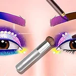 Närbild av en makeup-applikation med färgglada ögonskuggor, eyeliner, och verktyg för applicering kring ögonen