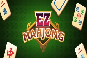 Grön bakgrund med titeln EZ Mahjong i mitten, omgiven av fyra mahjong-brickor