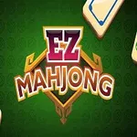 Grön bakgrund med titeln EZ Mahjong i mitten, omgiven av fyra mahjong-brickor