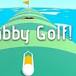 Tecknad golfbana över vatten med flagga i bakgrunden och texten Fabby Golf!