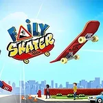 Tecknad figur som hoppar av en skateboard framför en stadssilhuett med logotyp i mitten