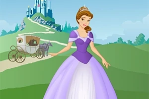 Prinsessa i lila klänning står framför en väg som leder till ett slott, med en hästdragen vagn i bakgrunden