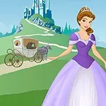Prinsessa i lila klänning står framför en väg som leder till ett slott, med en hästdragen vagn i bakgrunden