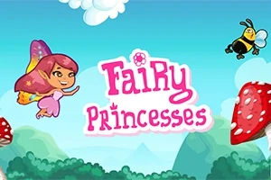Älva med rosa hår och färgglada vingar flyger bredvid texten Fairy Princesses mot en bakgrund med blå himmel, grönska och svampar; en liten bi syns också