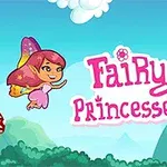 Älva med rosa hår och färgglada vingar flyger bredvid texten Fairy Princesses mot en bakgrund med blå himmel, grönska och svampar; en liten bi syns också