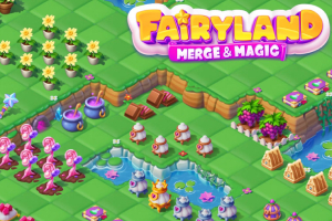Färgglad, tecknad landskap med blommor, små varelser och en sjö i mitten, omgiven av fantasifulla element och logotypen Fairyland Merge & Magic
