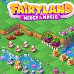 Färgglad, tecknad landskap med blommor, små varelser och en sjö i mitten, omgiven av fantasifulla element och logotypen Fairyland Merge & Magic