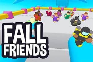 Flera färgglada figurer springer över en plattform med Fall Friends i fet stil vid sidan