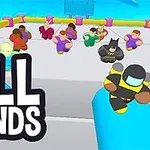 Flera färgglada figurer springer över en plattform med Fall Friends i fet stil vid sidan
