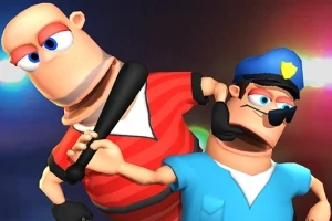 Två animerade karaktärer, en tjuv och en polis, i en humoristisk brottarsituation i en färgglad miljö