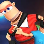 Två animerade karaktärer, en tjuv och en polis, i en humoristisk brottarsituation i en färgglad miljö