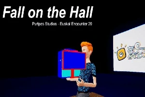 En tecknad figur med rödbrunt hår håller en färgglad kub framför en skylt med texten Fall on the Hall och en logotyp i bakgrunden