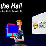 En tecknad figur med rödbrunt hår håller en färgglad kub framför en skylt med texten Fall on the Hall och en logotyp i bakgrunden