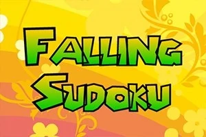 Texten Falling Sudoku i ljusgrönt på en färgglad orange och gul bakgrund med blommönster