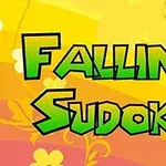 Texten Falling Sudoku i ljusgrönt på en färgglad orange och gul bakgrund med blommönster