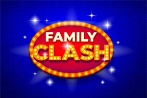 En lysande röd och gul skylt med texten FAMILY CLASH mot en blå bakgrund med stjärnor