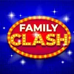 En lysande röd och gul skylt med texten FAMILY CLASH mot en blå bakgrund med stjärnor