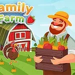 En glad bonde med skägg och hatt står framför en röd lada och håller en låda med grönsaker, med en kalkon i bakgrunden och texten Family Farm ovanför