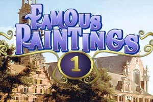 Texten Famous Paintings 1 i lila och gula färger ovanför en bakgrund av en historisk byggnad och träd