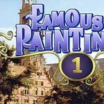 Texten Famous Paintings 1 i lila och gula färger ovanför en bakgrund av en historisk byggnad och träd