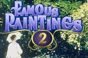 Texten FAMOUS PAINTINGS 2 över en impressionistisk målning av en person med ett paraply omgiven av grönska