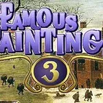 Texten Famous Paintings 3 i lila bokstäver över en målning som skildrar en vinterlandskapsscen med människor och byggnader