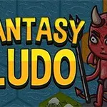 Texten Fantasy Ludo i stora bokstäver med tecknade figurer, en riddare och en röd demon, på en rutnätliknande bakgrund