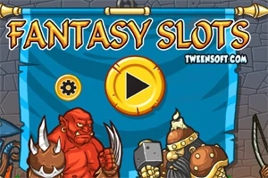 Två fantasifigurer med vapen står framför en blå bakgrund med texten Fantasy Slots